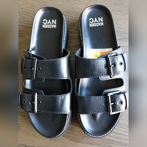 Madden Girl NYC Woman's 2 Band Chunky Lug Foot bed Sandals  Size 9.5   NWT Black